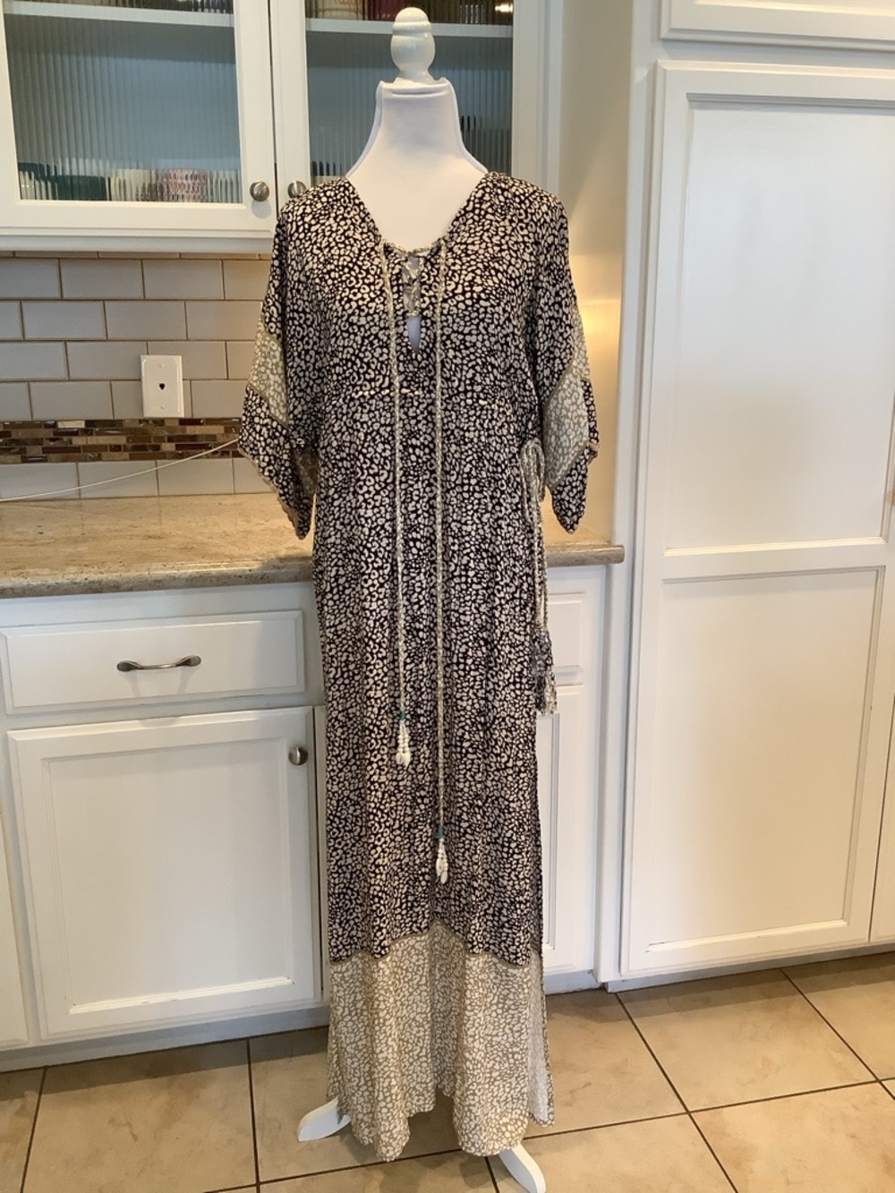 TAJ by Sabrina Crippa Black and Cream Printed Boho Maxi Dress NEW